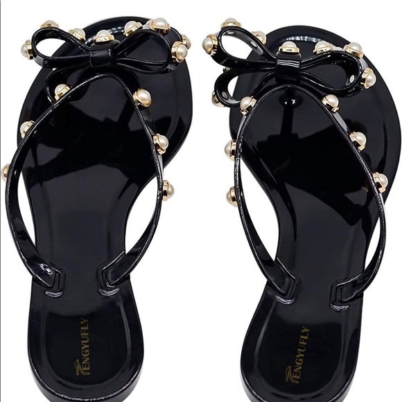 Jelly Flip Flops w/ Pearl and Bow Accents - Picture 2 of 5